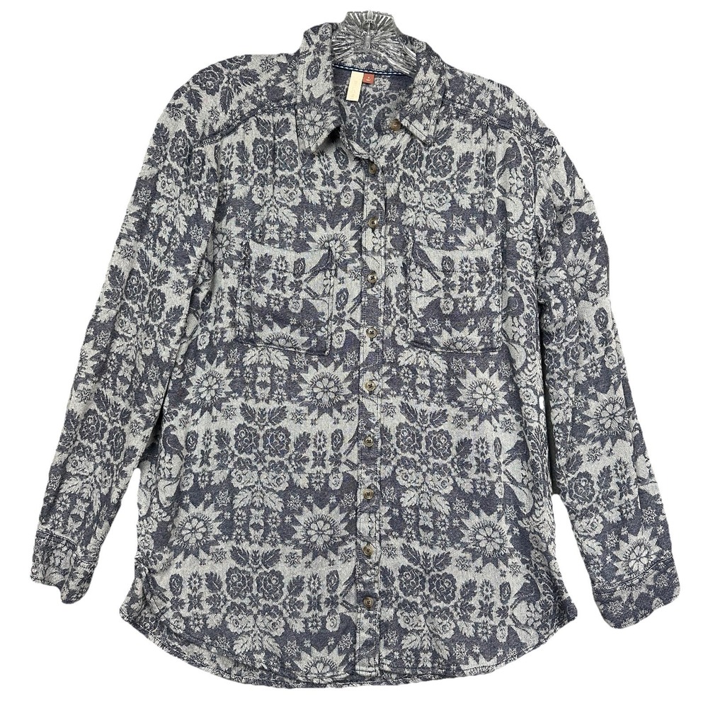 Anthropologie Pilcro Shirt Women's Small Gray Floral Bird Print Wool Blend